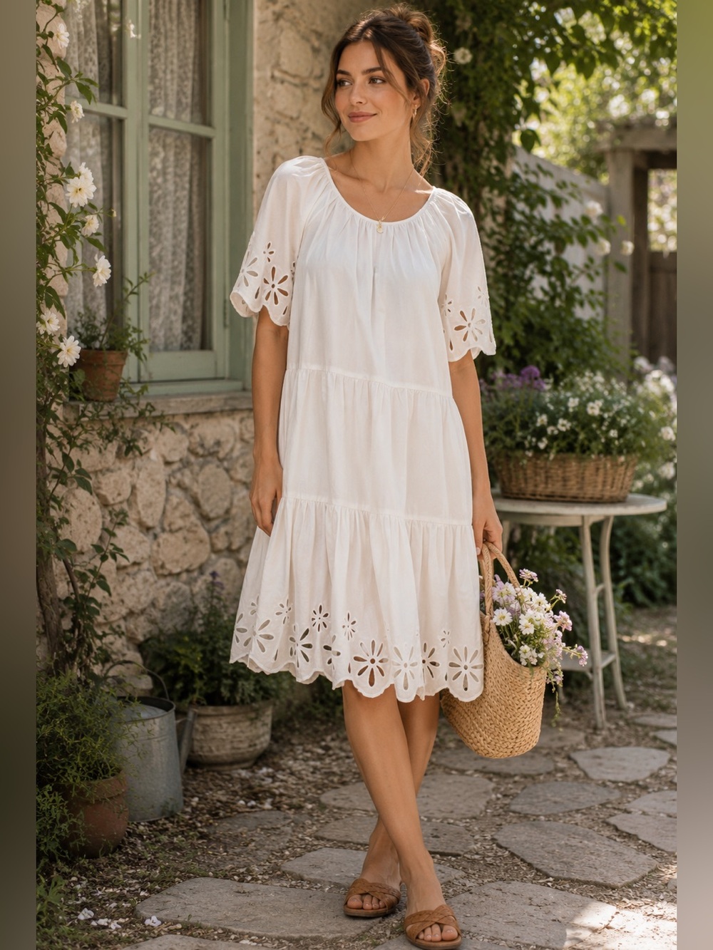Rails Arielle White Eyelet Tiered Mini SHort Sleeve Cotton Blend Dress Size XL